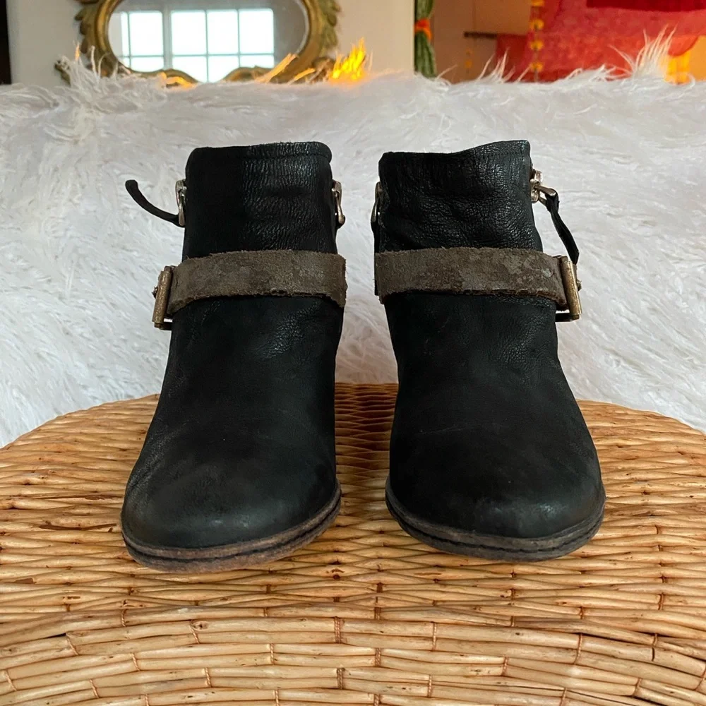 Black Distressed Leather Ankle Booties with Buckle Detail